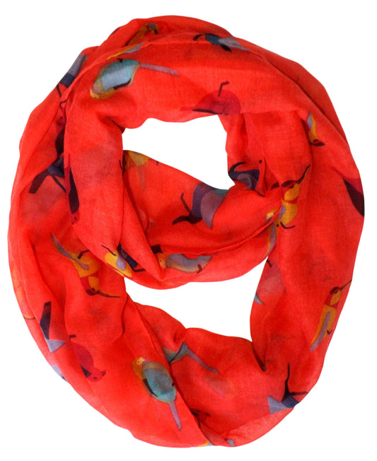 Wholesale Bulk Lot: Vintage Finch Bird Print Coral Sheer Infinity Loop Scarf Reseller Pack