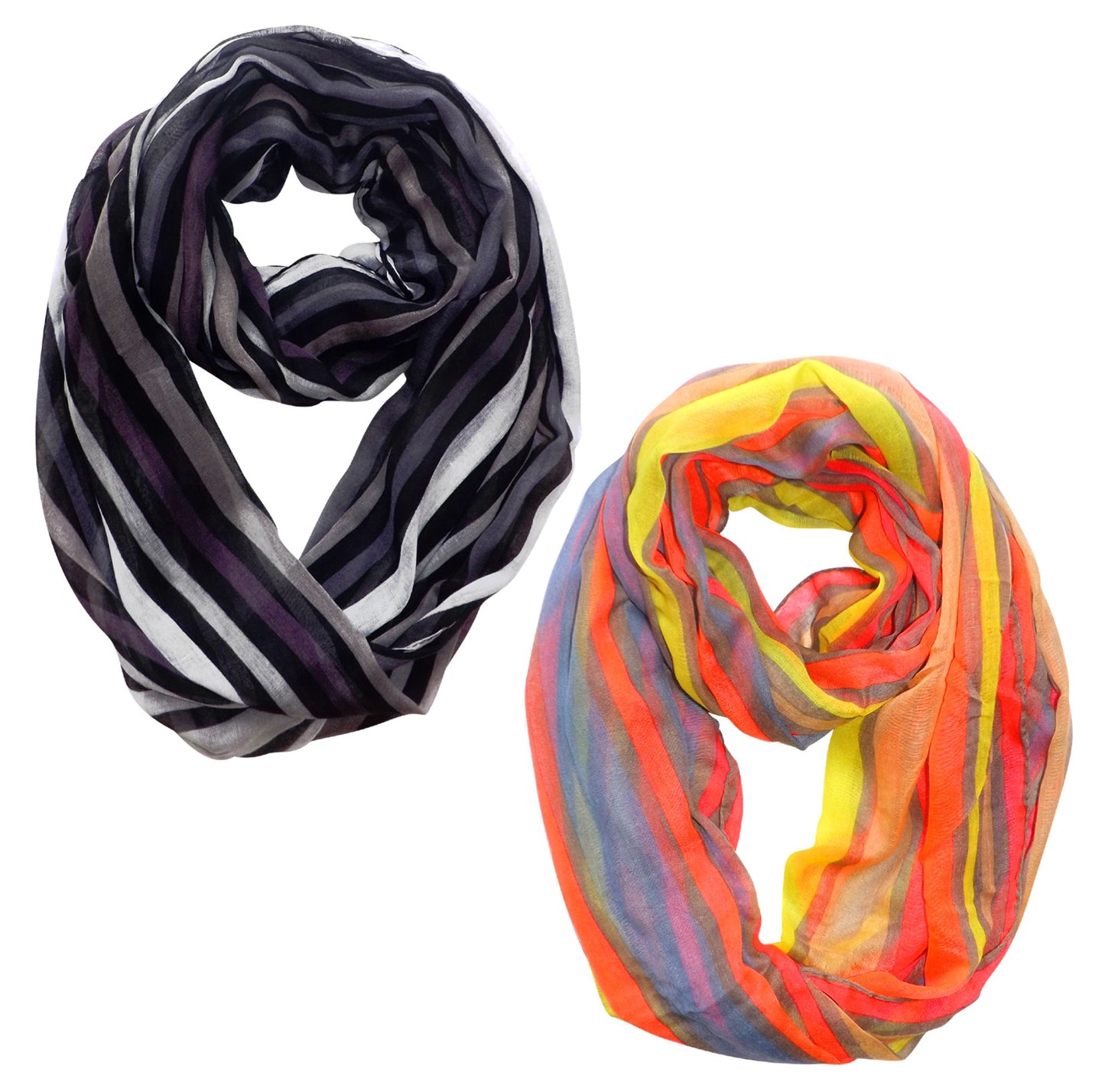 Wholesale Bulk Lot: Striped Print Light Fashion Infinity Loop Scarf 2 Pack Black Neon Pink Reseller