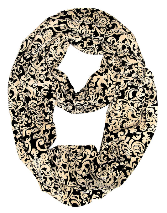 Wholesale Bulk Lot: Gatsby Henna Damask Print Silky Infinity Loop Scarf Black Ivory Reseller Pack
