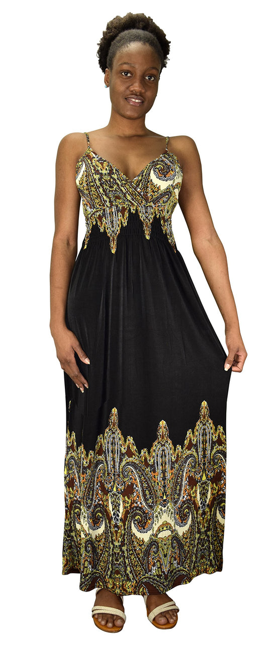 Wholesale Bulk Lot: Paisley Sleeveless Cinched Waist Maxi Dress Black Yellow Medium