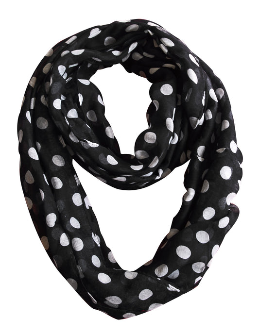 Wholesale Bulk Lot: Sheer Polka Dot Print Infinity Loop Scarf Black and White Reseller Pack