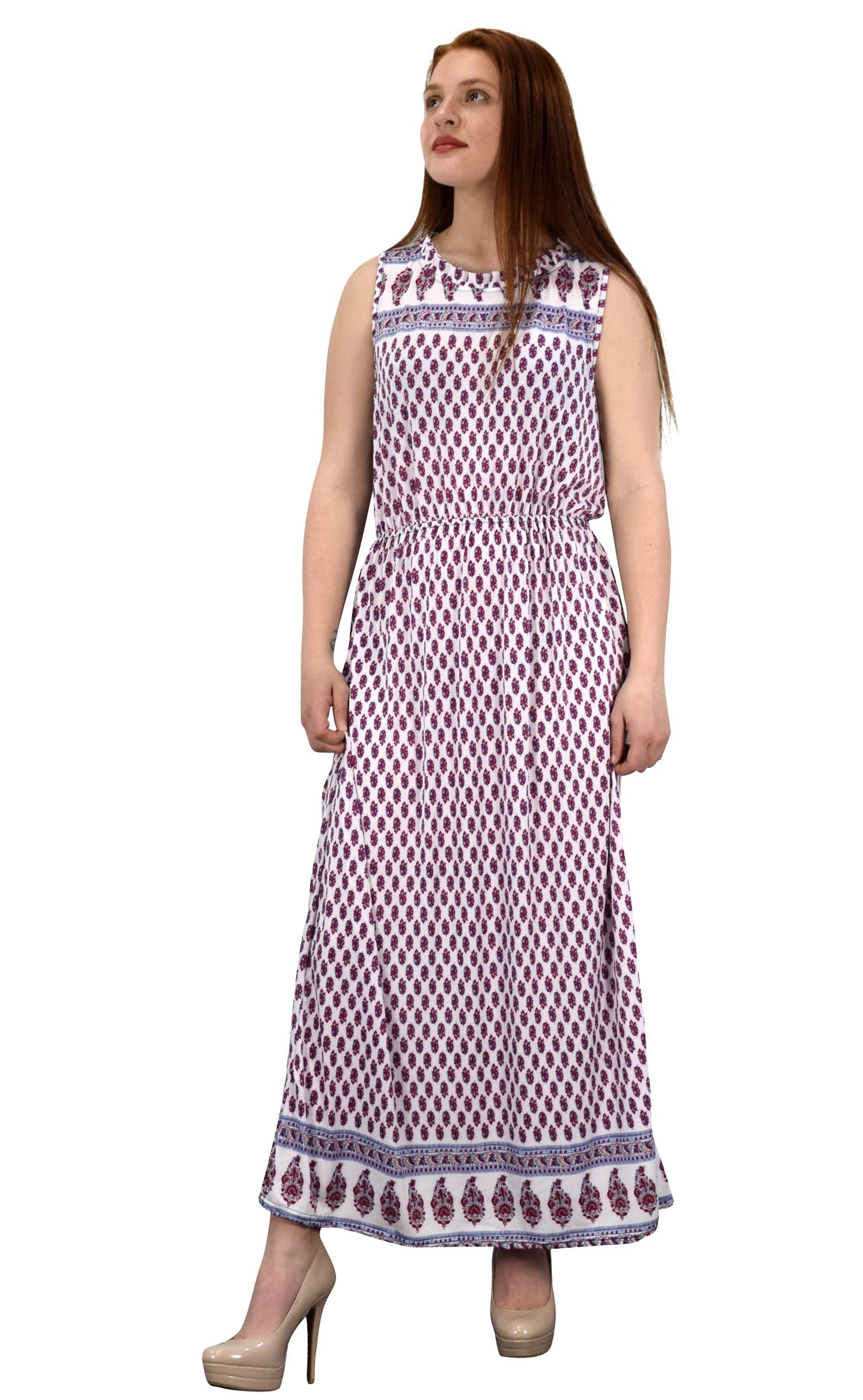 Wholesale Lot: Damask Sleeveless Blouson Maxi Dress High Neck Fuchsia Size Large