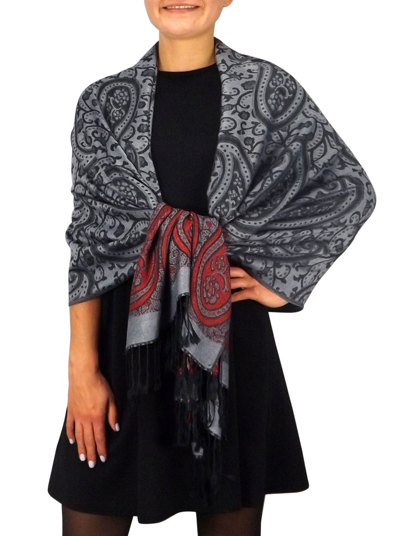 Wholesale Bulk Lot Reversible Paisley Pashmina Scarf Shawl Wrap Red Grey for Resellers