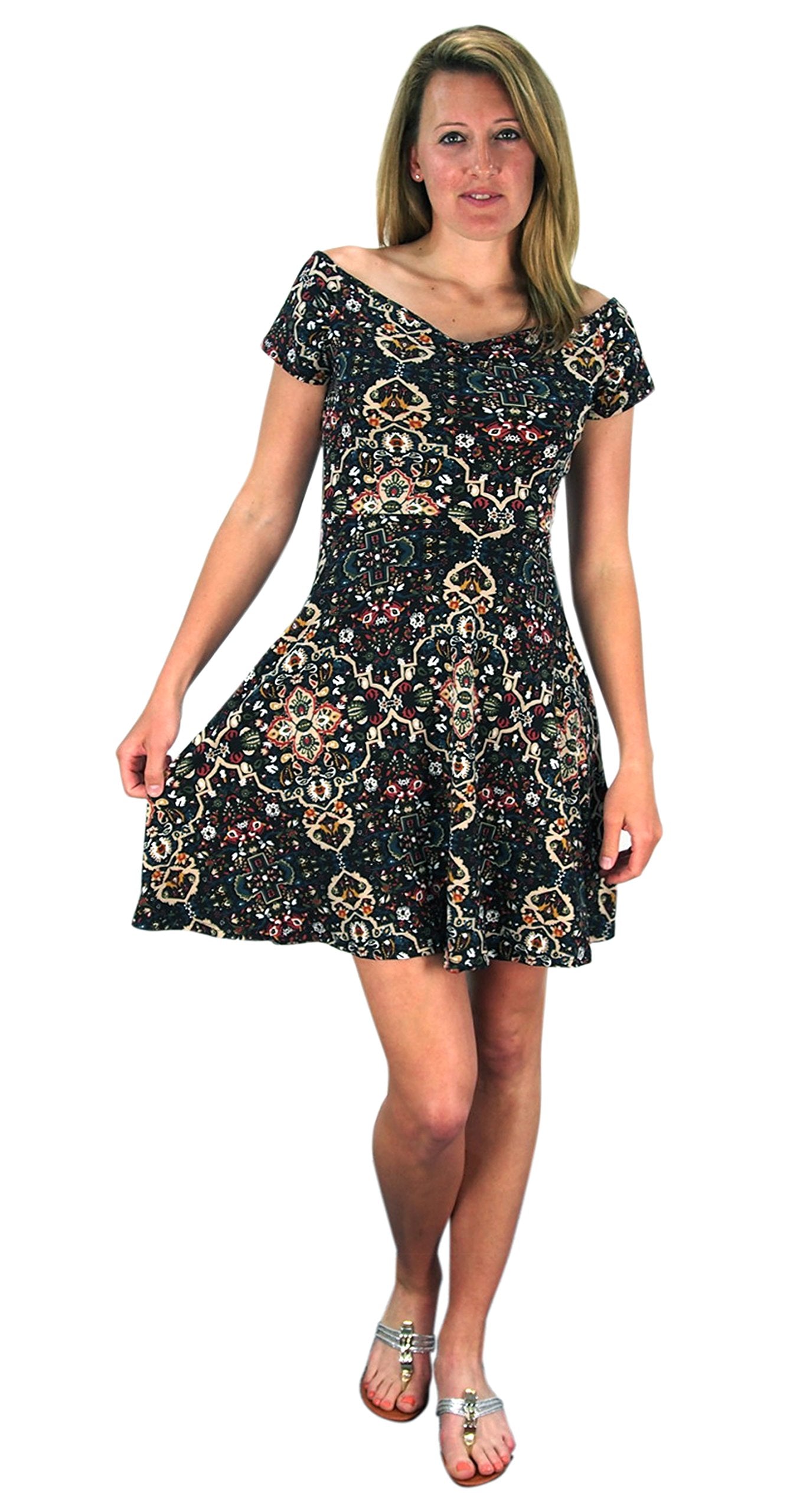 Wholesale Lot: Floral Print Princess Seam Fit and Flare Skater Dress Navy Small