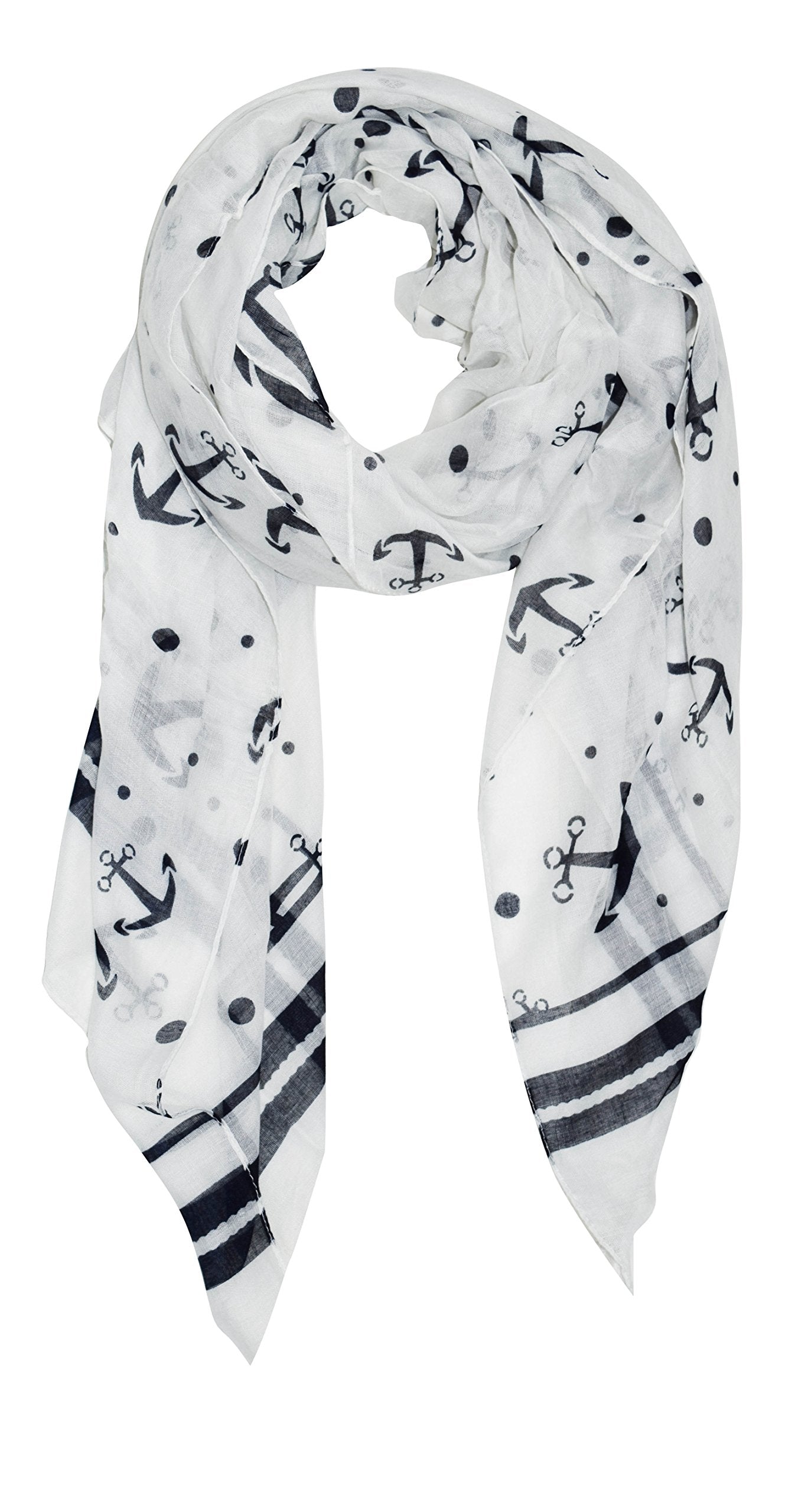 Wholesale Bulk Lot: White Sheer Nautical Anchor Polka Dot Print Scarf with Chain Border for Resellers