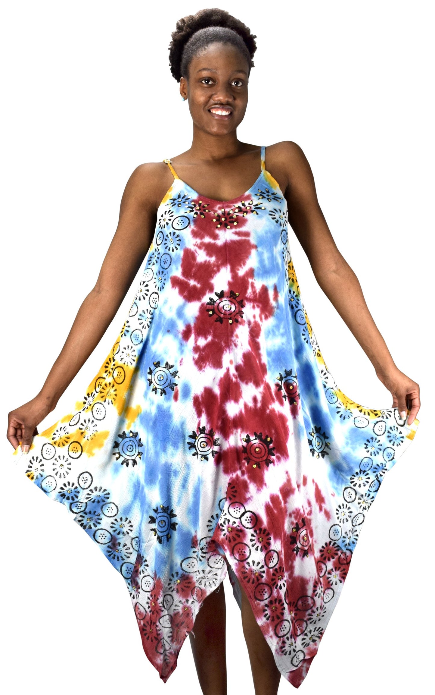 Wholesale Bulk Lot: Floral Tie Dye Handkerchief Hem Sleeveless Dress Red Blue M
