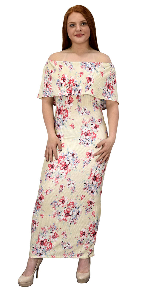 Wholesale Bulk Lot: Womens Summer Gypsy Boho Floral Maxi Dress Champagne Large