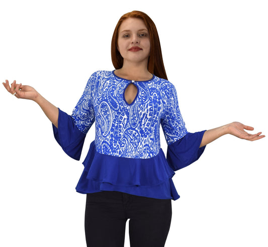 Wholesale Bulk Lot: Women's Floral Bell Sleeve Keyhole Neck Blouse Blue Small