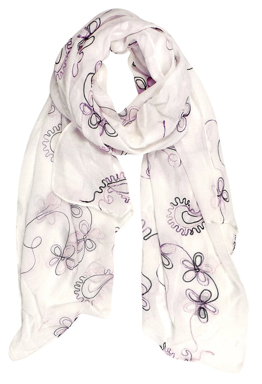 Wholesale Bulk Lot: Blossom Embroidered Sheer White Scarf Wrap Shawl for Resellers