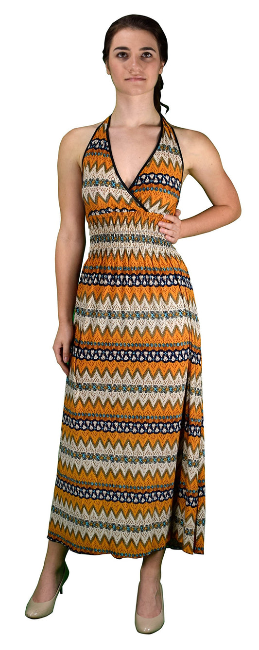Wholesale Bulk Lot: Bohemian V Neck Halter Chevron Maxi Dress Orange Size Large