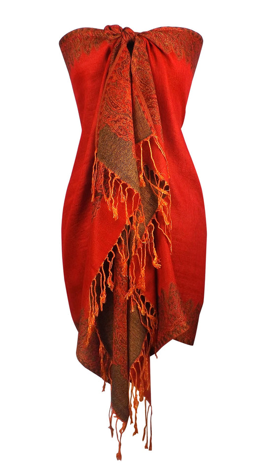 Wholesale Lot Reversible Paisley Pashmina Shawl Red Light Gold Bulk Reseller Wrap