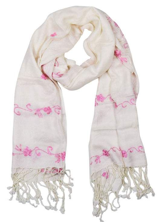 Wholesale Bulk Lot: White Hand Embroidered Floral Pashmina Scarf Shawl for Resellers