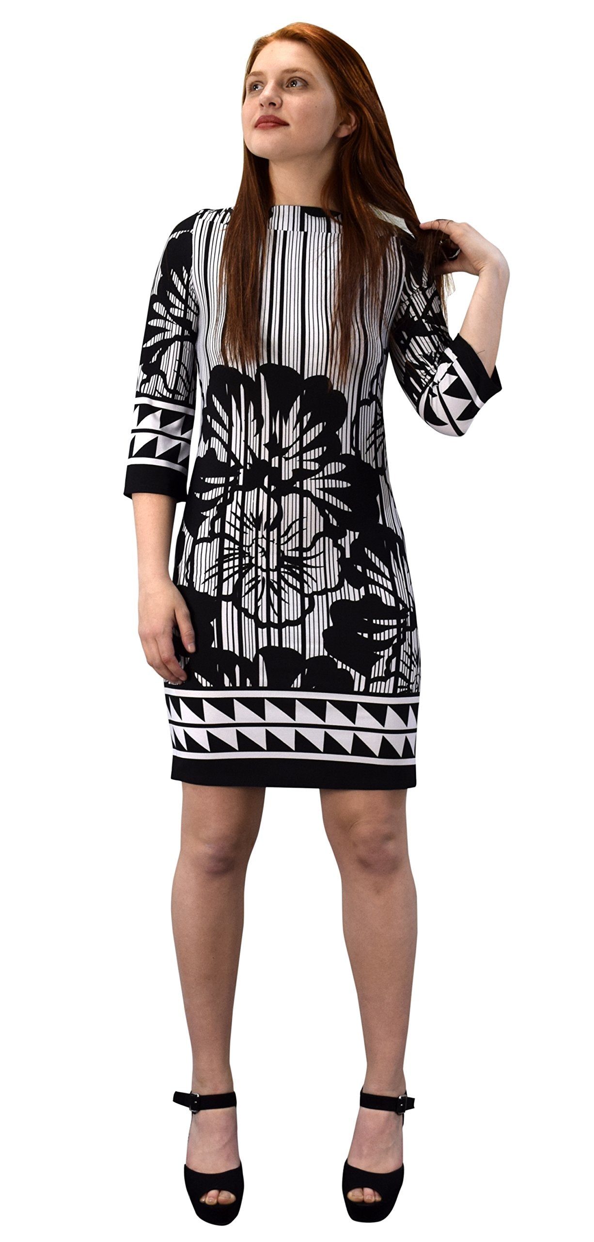 Wholesale Bulk Lot: Floral Border 3/4 Sleeve Shift Dress Missy Black White Small
