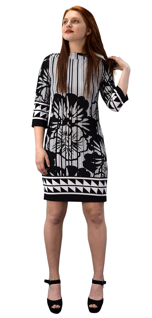 Wholesale Lot: Floral Border 3/4 Sleeve Shift Dress - Black White Missy Medium