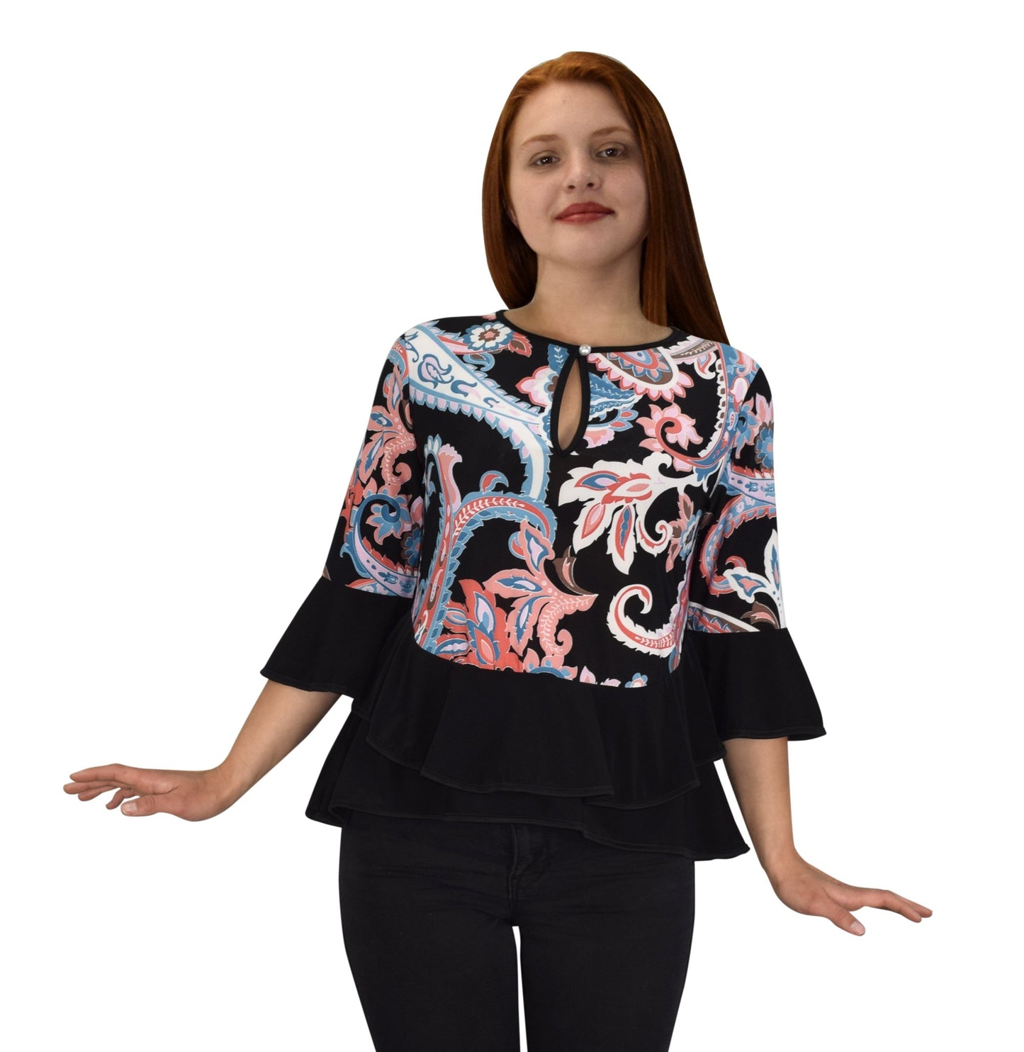 Wholesale Lot: Womens Bell Sleeve Keyhole Neck Floral Blouse Black Blue Medium