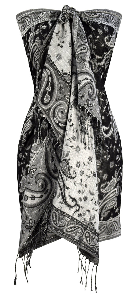 Wholesale Bulk Lot Reversible Paisley Pashmina Shawl Double Layer Black White Scarf for Resellers