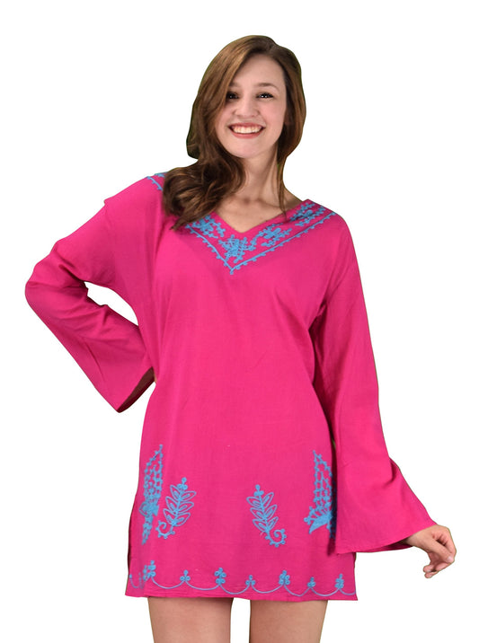 Wholesale Bulk Lot: Cotton Embroidered Beach Tunic Cover-up Fuchsia Size L XL