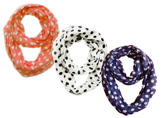 Wholesale Bulk Lot: 3 Pk Sheer Polka Dot Circle Print Infinity Loop Scarf Coral White Navy Reseller