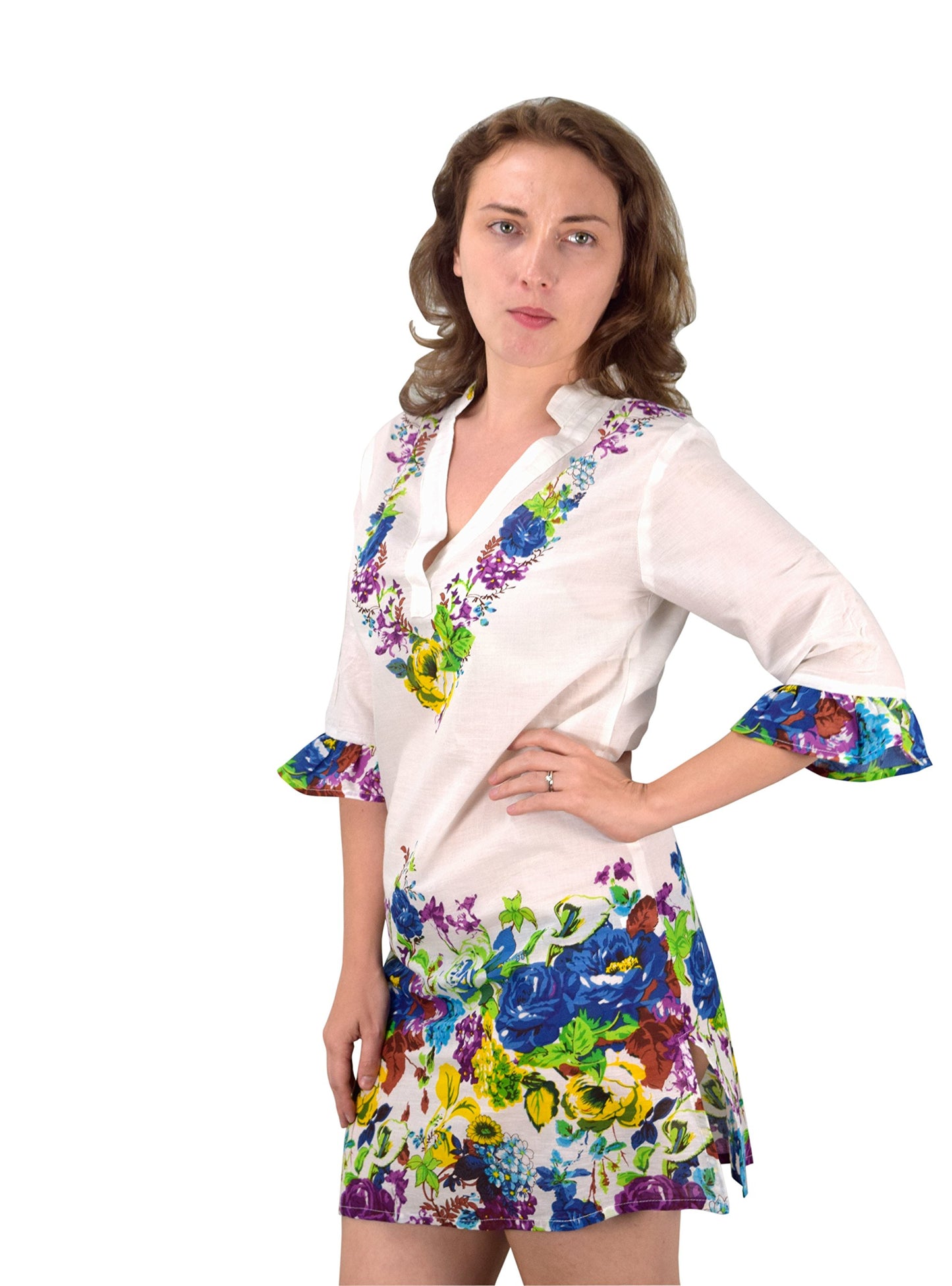 Wholesale Lot: 100% Cotton Boho Floral Summer Tunic Beach Cover Up S/M Blue Purple