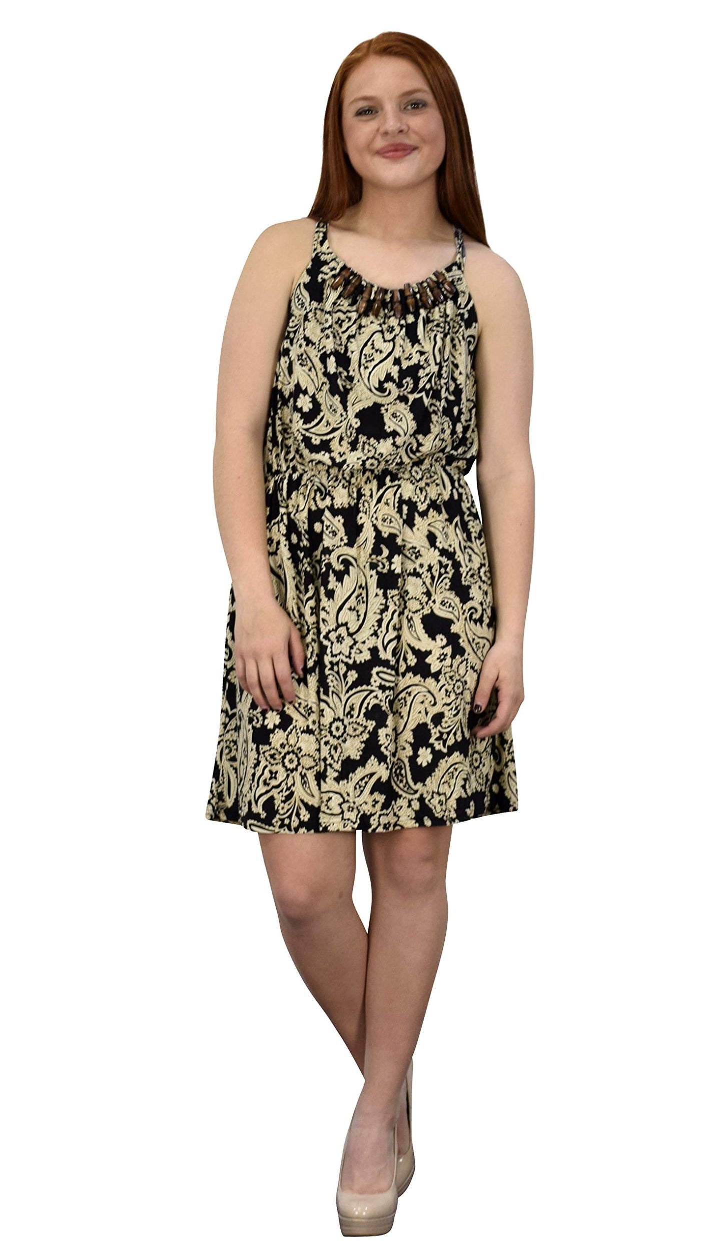 Wholesale Bulk Lot: Boho Print Smocked Beaded Midi Dress, Large, Beige Black