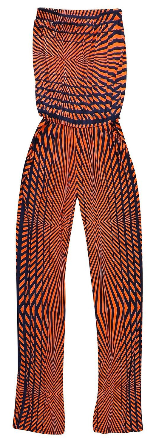 Wholesale Bulk Lot: Geometric Blouson Elastic Top Jumpsuit Romper Orange Navy L