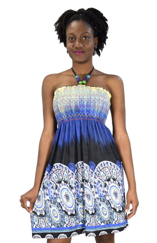 Wholesale Bulk Lot: Juniors Boho Print Smocked Beaded Midi Dress Blue Black XL