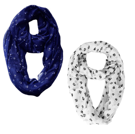 Wholesale Bulk Lot: 2 Pack Anchor Print Infinity Loop Scarves Navy and White Reseller Bundle