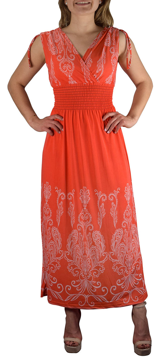 Wholesale Bulk Lot: Exotic Tahiti Damask Print Maxi Dress Orange White Small Reseller