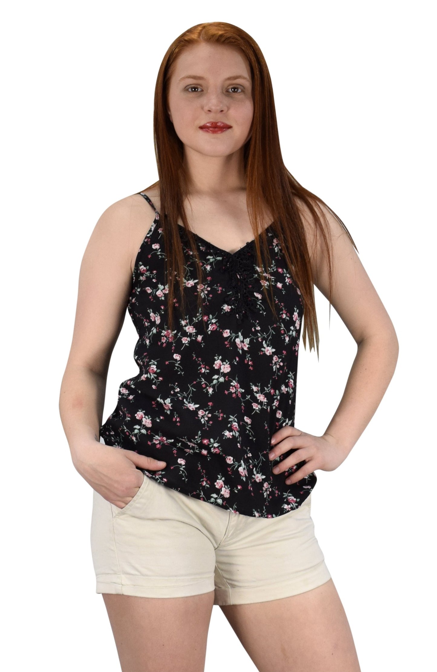 Wholesale Bulk Lot: Blossoms Print Lace Neck Spaghetti Strap Blouse Black Large