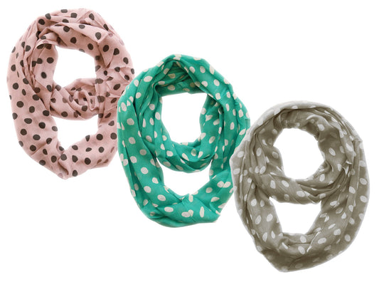 Wholesale Bulk Lot: 3 Pk Sheer Polka Dot Circle Print Infinity Loop Scarf Pink Teal Grey Reseller