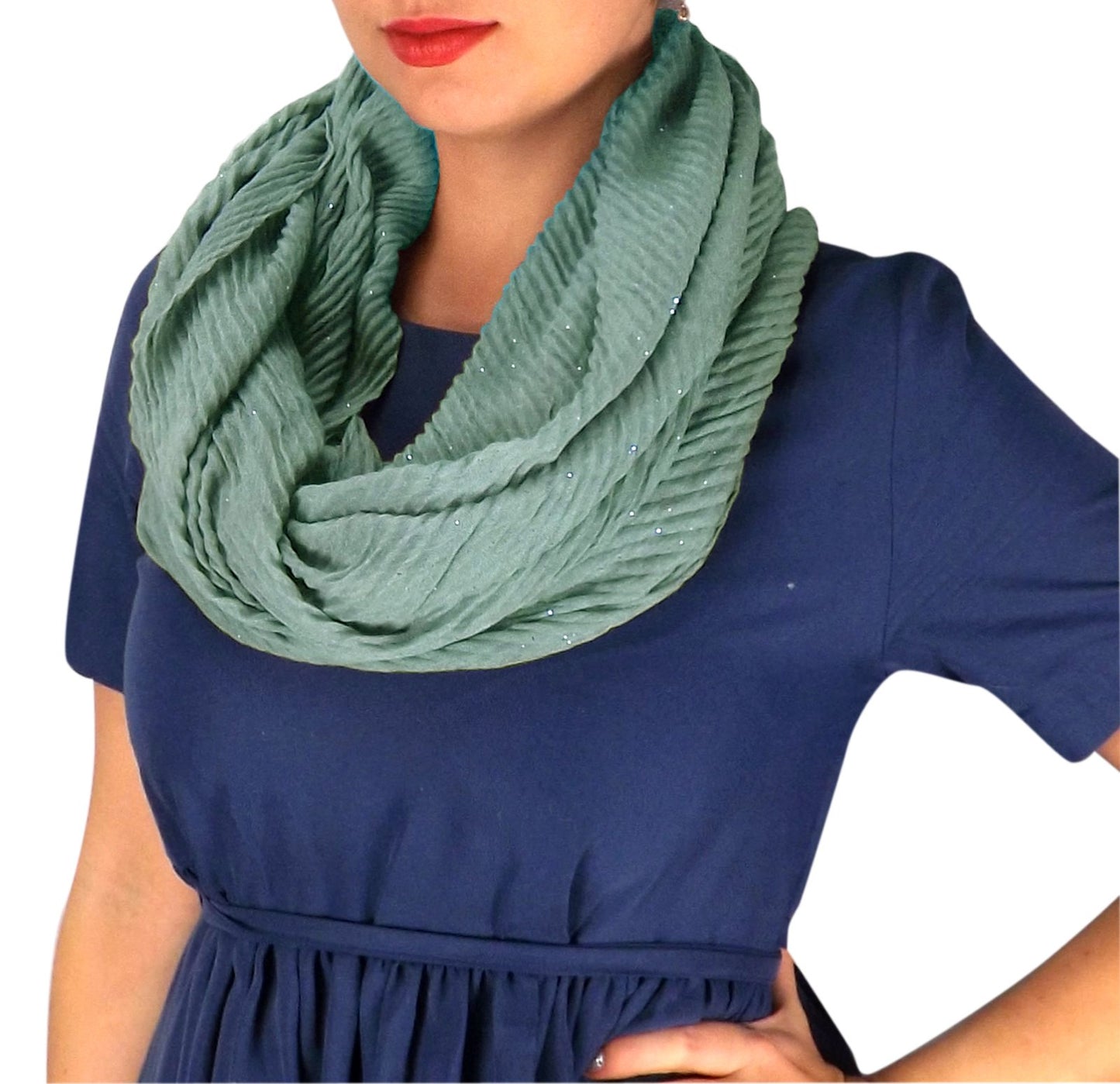 Wholesale Bulk Lot: Sheer Sequin Striped Crinkled Infinity Loop Scarf Green Reseller Pack