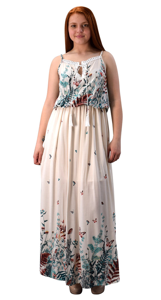 Wholesale Bulk Lot: Womens Exotic Floral Boho Tahiti Sleeveless Maxi Dress Cream S