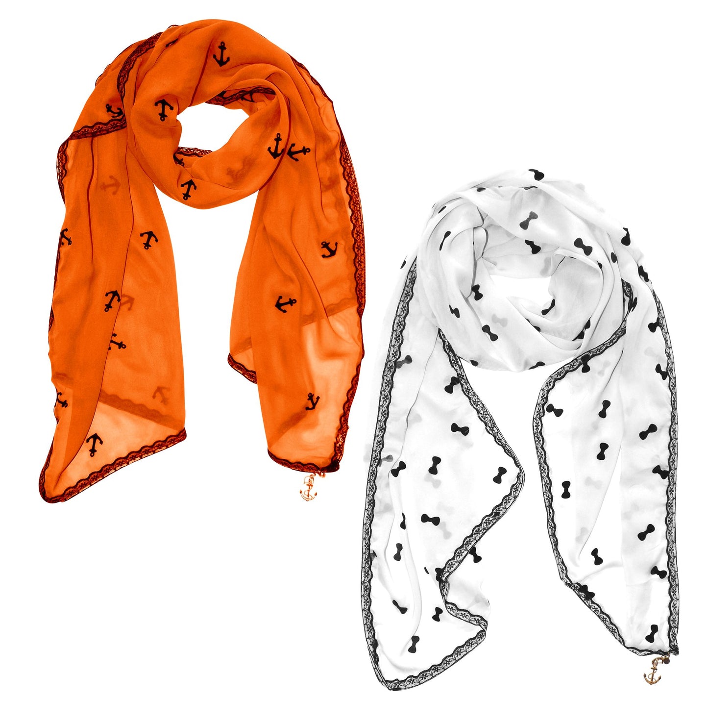 Wholesale Bulk Lot: Nautical Anchor Bow Lace Trim Chiffon Charm Scarves Orange White Reseller Pack