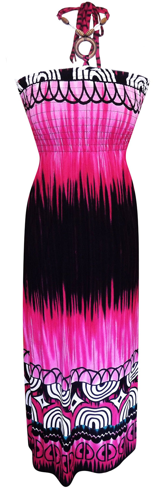 Wholesale Bulk Lot: Tie Dye Self Tie Halter Vacation Maxi Dress Deep Fuchsia XL