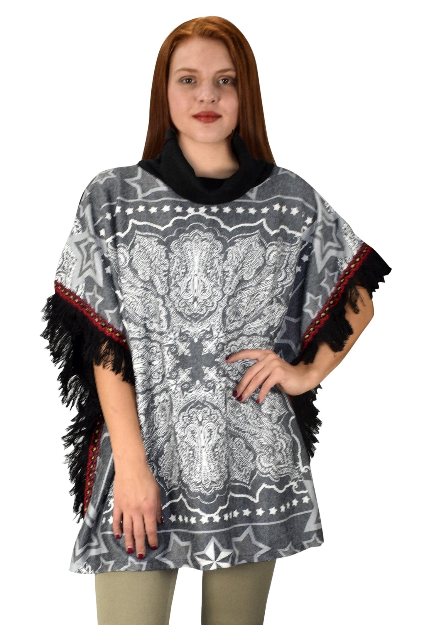 Wholesale Bulk Lot: Bohemian Paisley Black Cowl Neck Winter Poncho Sweater