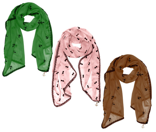 Wholesale Bulk Lot: Nautical Anchor Lace Trim Chiffon Scarf Reseller Pack (Brown Pink Green)