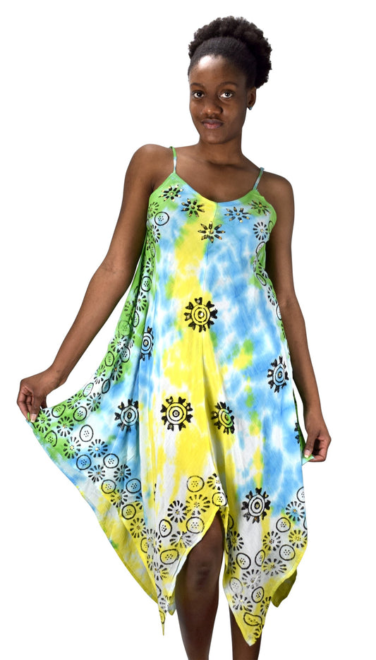 Wholesale Lot: Floral Tie Dye Handkerchief Hem Sleeveless Spring Dress Green Med