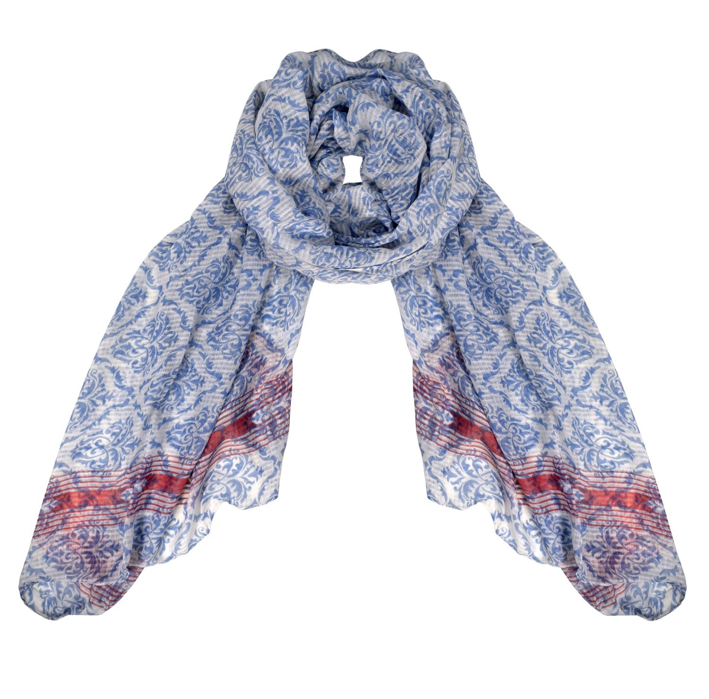 Wholesale Bulk Lot: Womens Summer Lightweight Damask Print Long Scarf White Blue Reseller Pack