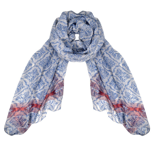 Wholesale Bulk Lot: Womens Summer Lightweight Damask Print Long Scarf White Blue Reseller Pack
