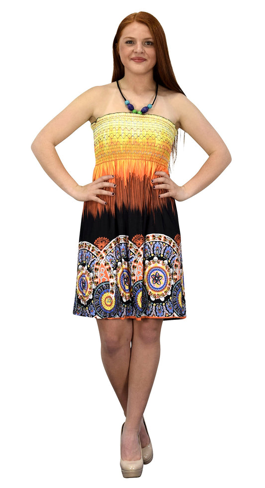 Wholesale Bulk Lot: Juniors Boho Print Smocked Midi Dress Orange Black XL