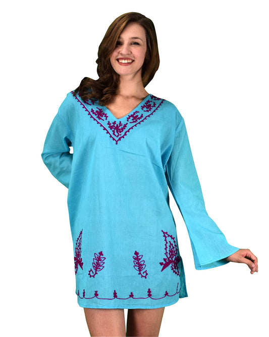 Wholesale Bulk Lot 100% Cotton Embroidered Summer Tunics Beach Cover Ups Sky Blue
