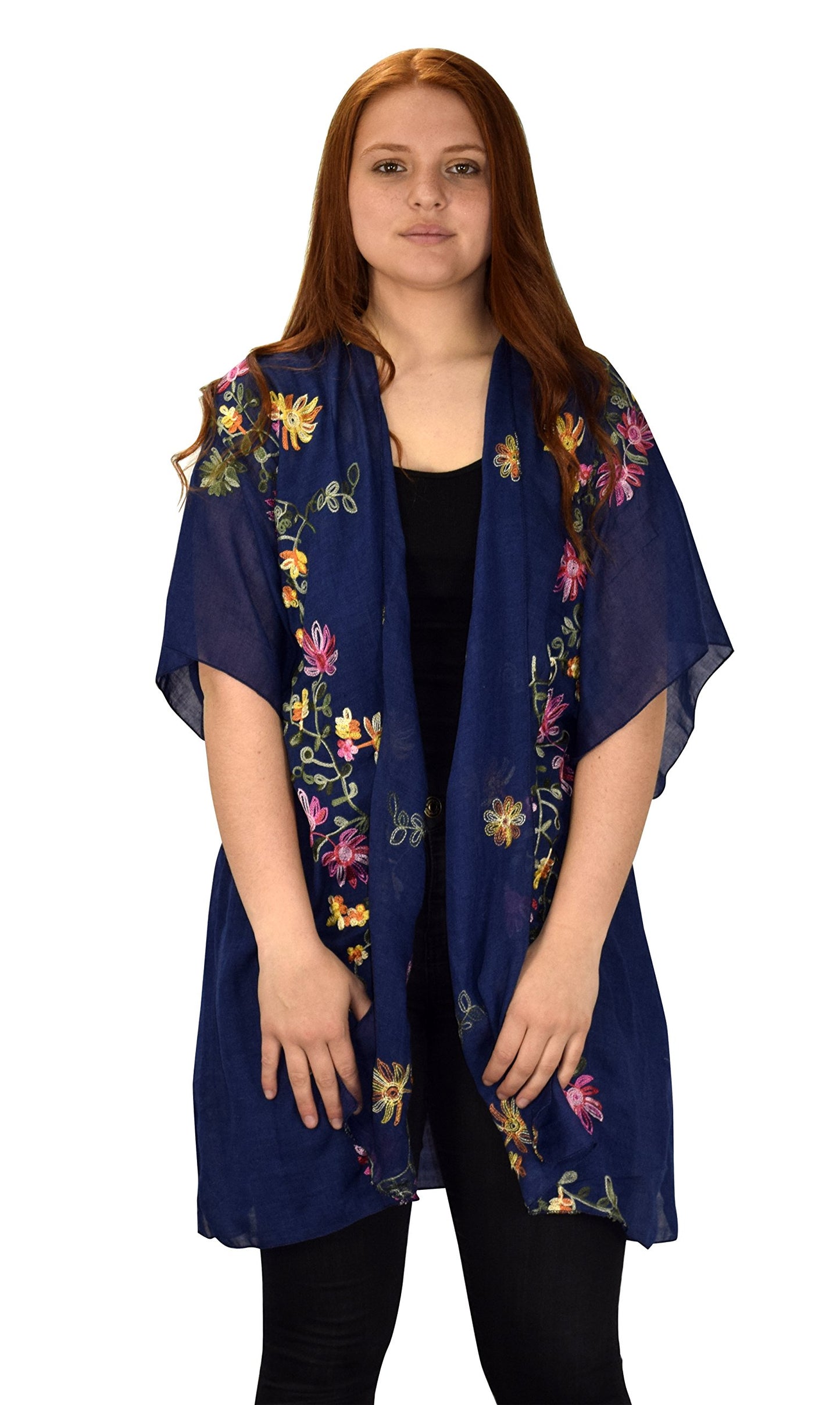 Wholesale Bulk Lot: Vintage Embroidered Floral Summer Cardigan Poncho Navy