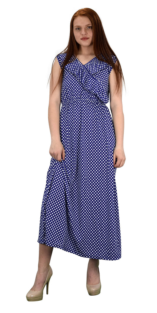Wholesale Bulk Lot: Polka Dot Ruffled V Neck Empire Waist Summer Maxi Dress Blue