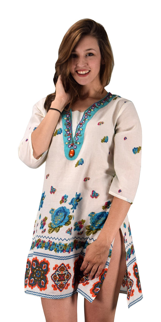 Wholesale Bulk Lot: Cotton Bohemian Floral Summer Tunic Beach Cover Up Turquoise S/M