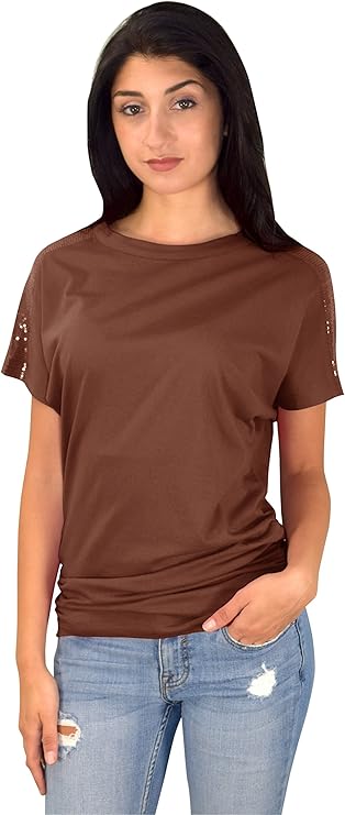 Wholesale Bulk Lot: Womens Sequin Shoulder Boat Neck Dolman Top Brown XL