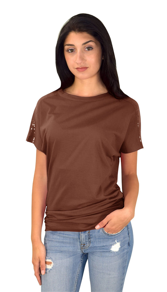 Wholesale Bulk Lot Sequin Shoulder Dolman Sleeve Tops Brown Medium Reseller Pack