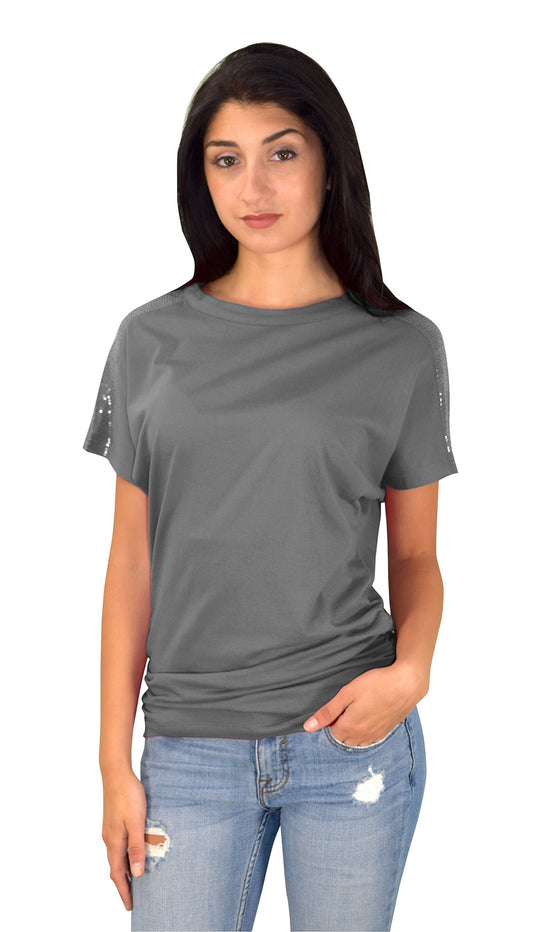 Wholesale Bulk Lot: Women's Grey Boat Neck Sequin Shoulder Dolman Top, Size Small