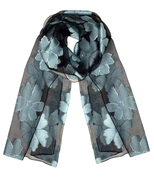 Wholesale Bulk Lot: Floral Embroidered Burnout Lightweight Summer Scarf Reseller Pack Black Sky Blue