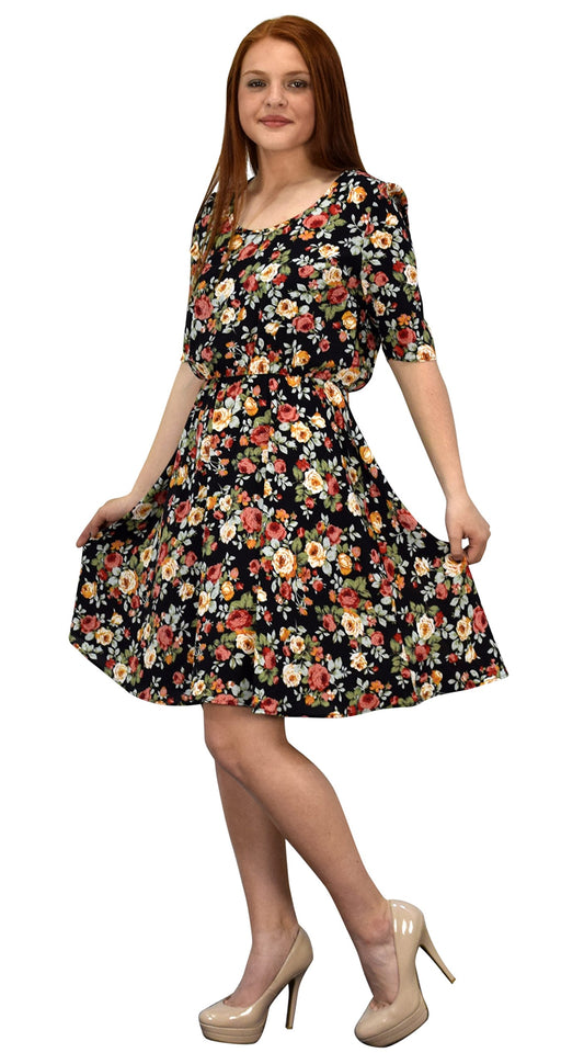 Wholesale Bulk Lot: Women's Floral Rose Print Princess Seam Skater Dress Black L