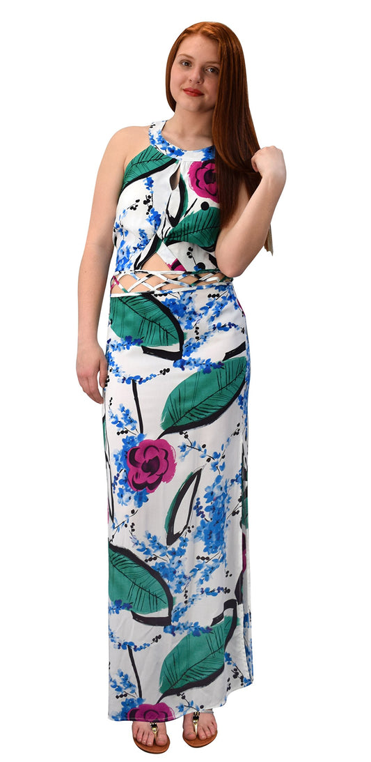Wholesale Bulk Lot: Floral Cut Out Side Slit Crochet Maxi Dress Fuchsia Green XL